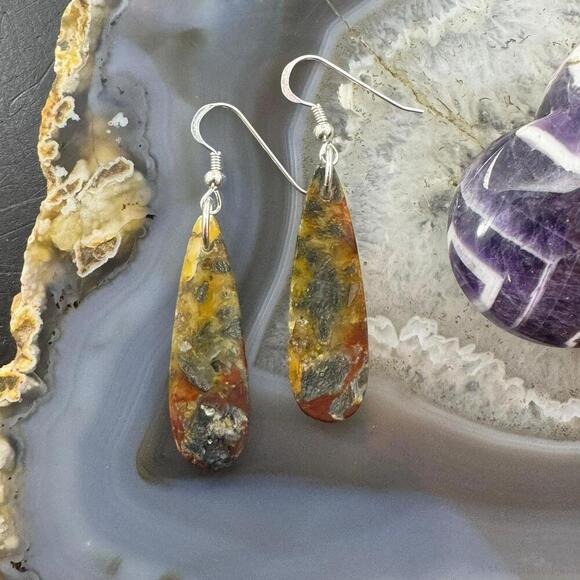 Sterling Silver Elongated Teardrop Red Marcasite Slab Dangle Earrings #206 - Picture 7 of 10